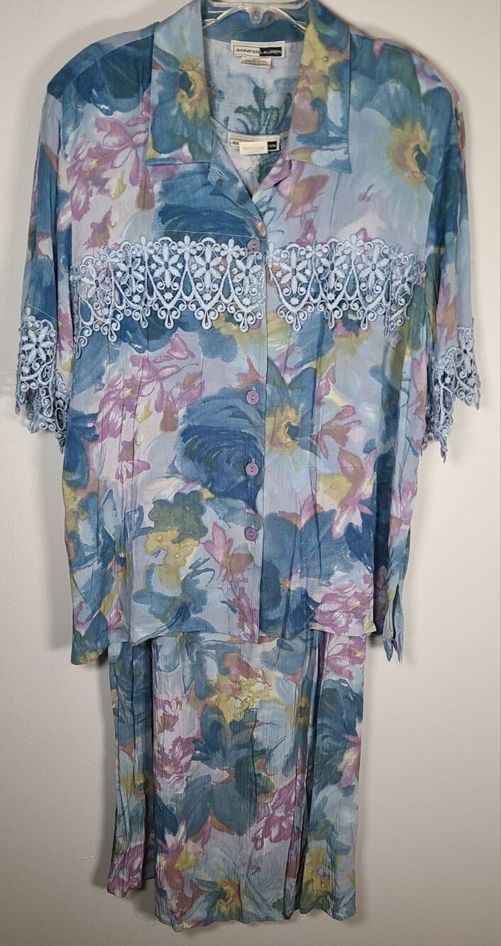 VTG 2 Pc Dress & Blouse Floral Rayon Fabric Midi Lace Secretary Twee Plus 1X